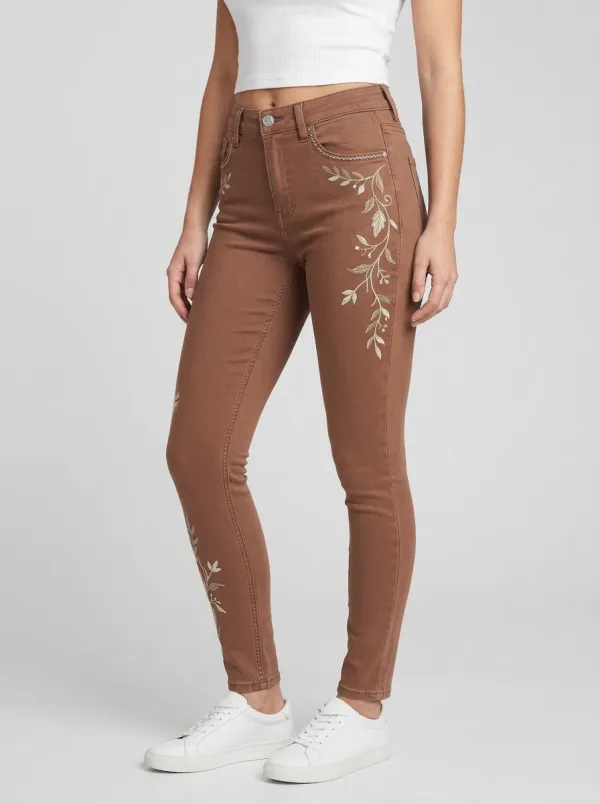 Women's Floral Vine Embroidery Printed Slim Jeans