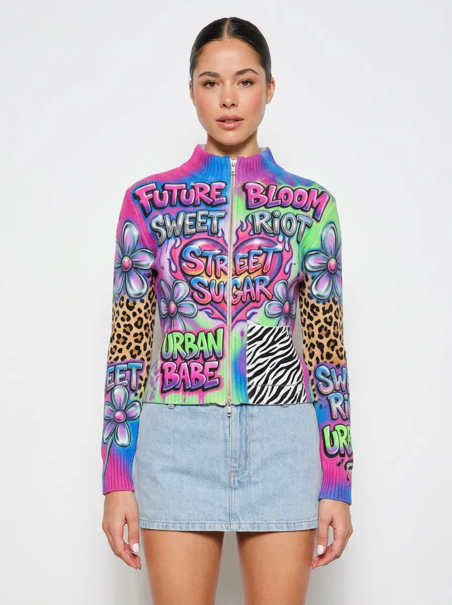 Women's Street Style Graffiti Flower Leopard Zebra Printed Zip-up Top