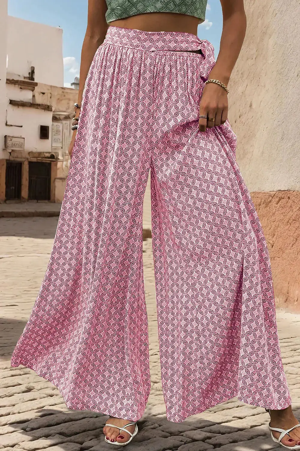 Wide Leg Tie Waist Printed Versatile Pants