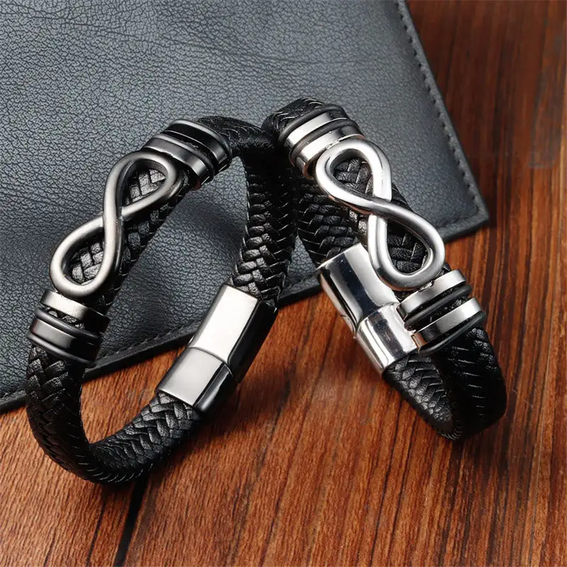 Endless Knot Design Titanium Steel Braided Leather Bracelet