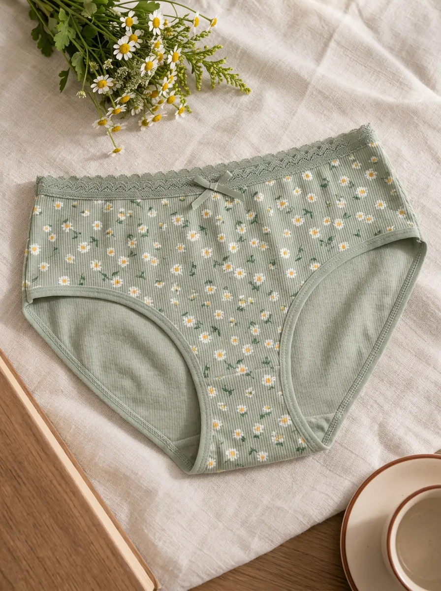 Women's Sage Green Daisy Floral Printed Ribbed Panties