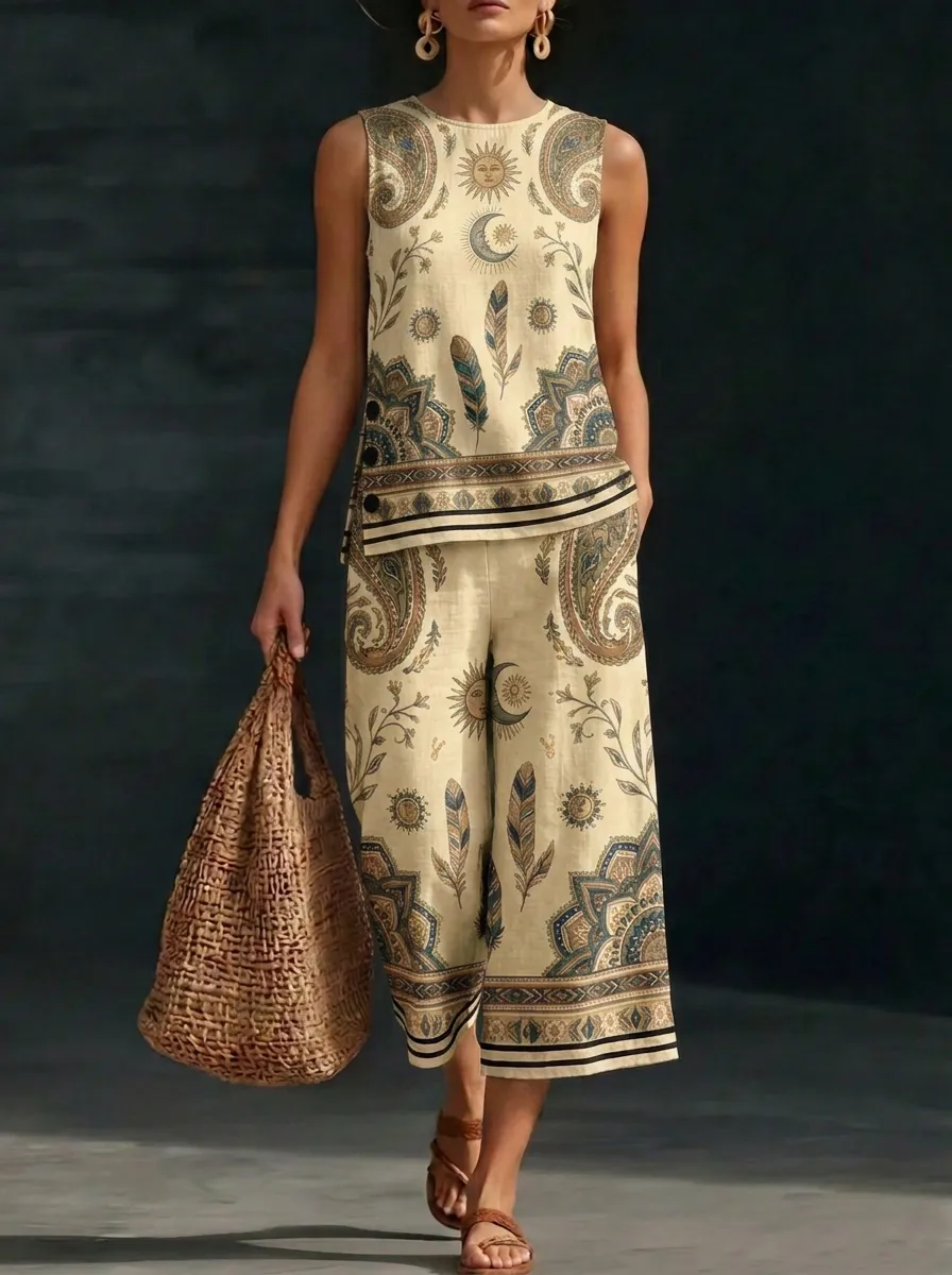 Women's Bohemian Sun Moon Feather Printed Sleeveless Set