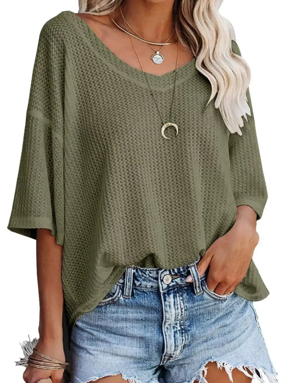 Relaxed V-Neck Short-Sleeve Knit T-Shirt