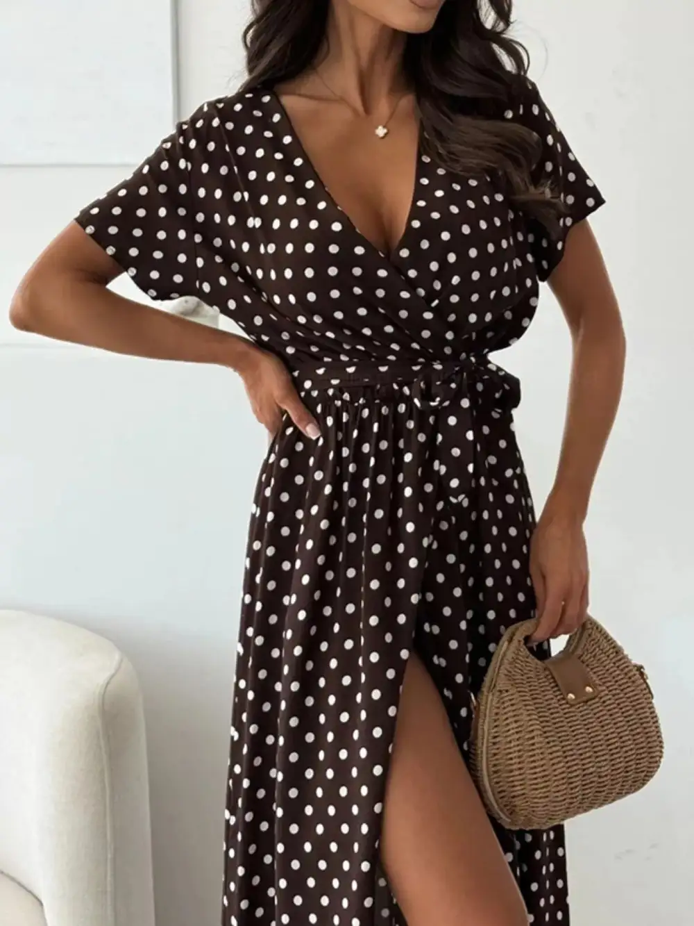 Polka Dot Surplice Maxi Dress With Slit