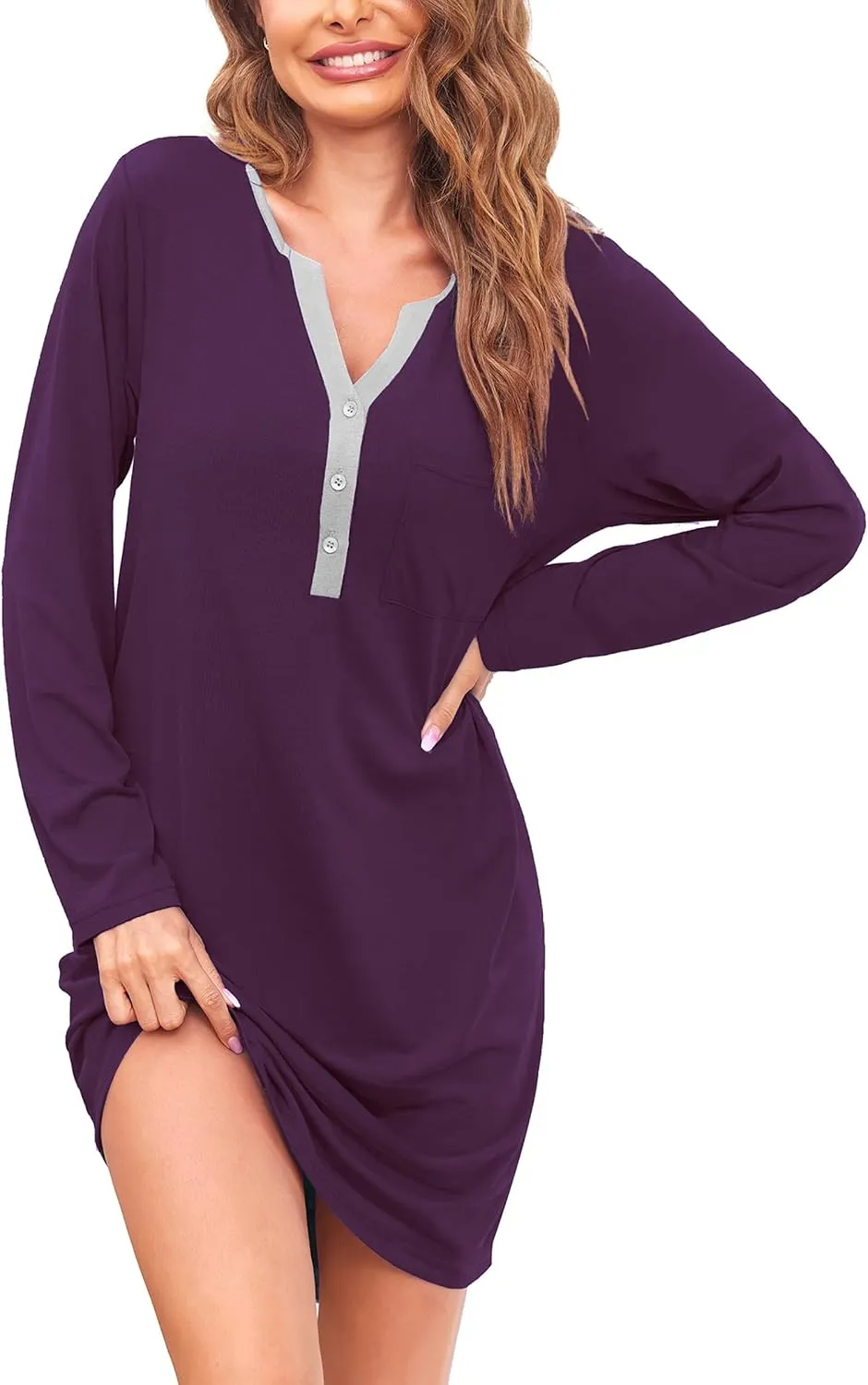 Ekouaer Women's Nightgowns Long Sleeve Button Down V Neck Pajama Dress