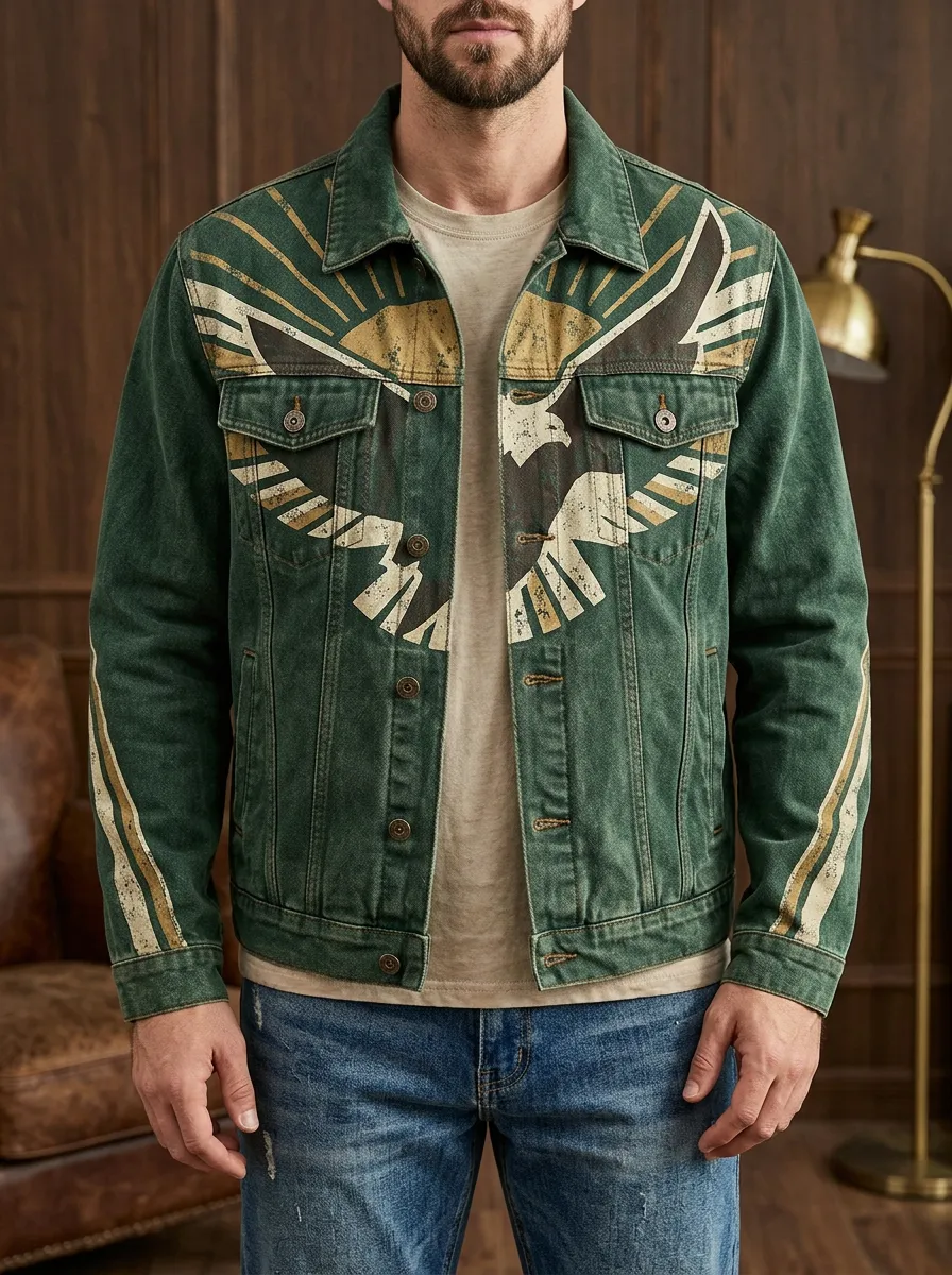 Men's Vintage Eagle Graphic Printed Denim Jacket