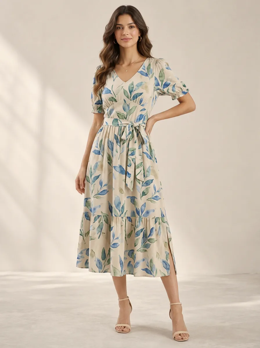 Women's Leisure Botanical Leaf Printed Midi Dress