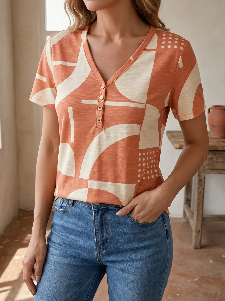 Women's Geometric Abstract Pattern Printed V-Neck Button T-Shirt