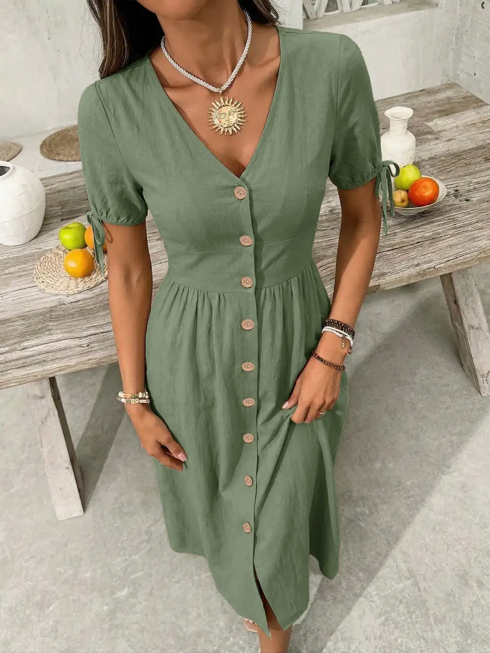 Button Front Short Sleeve Midi Dress