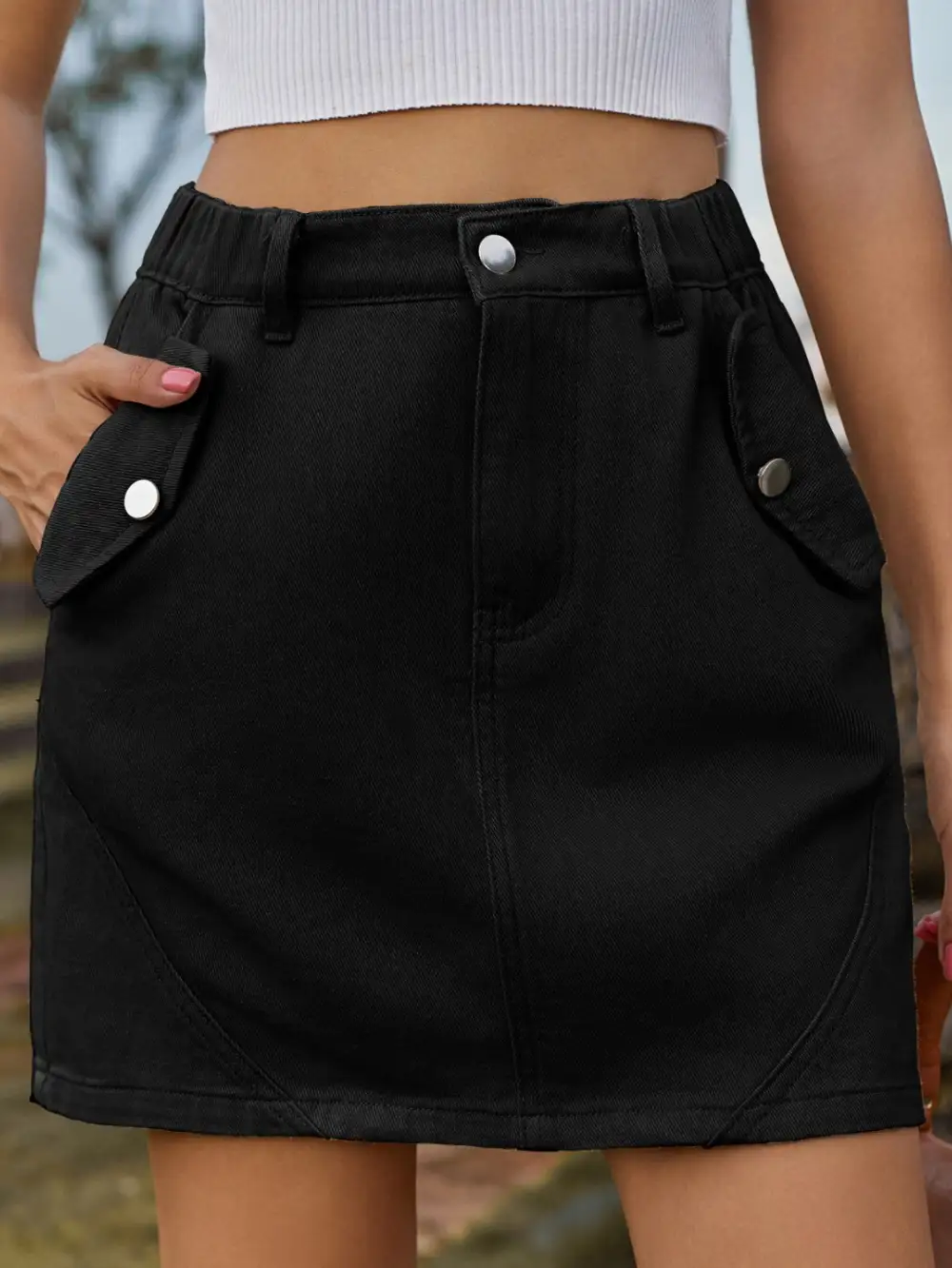 Tailored Button Front Denim Detail Skirt