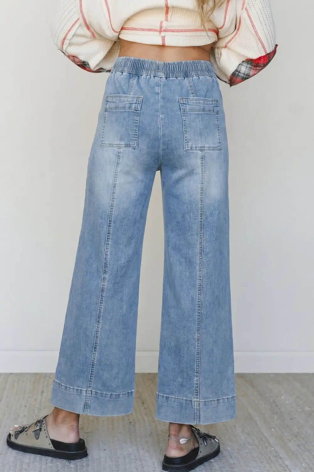 Women's Drawstring Waist Wide Leg Ankle Length Jeans