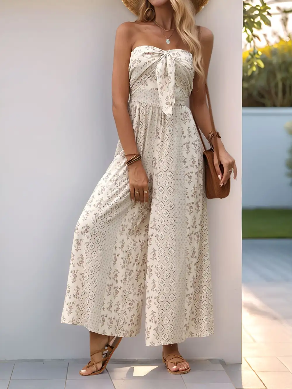 Boho Floral Strapless Wide-Leg Jumpsuit