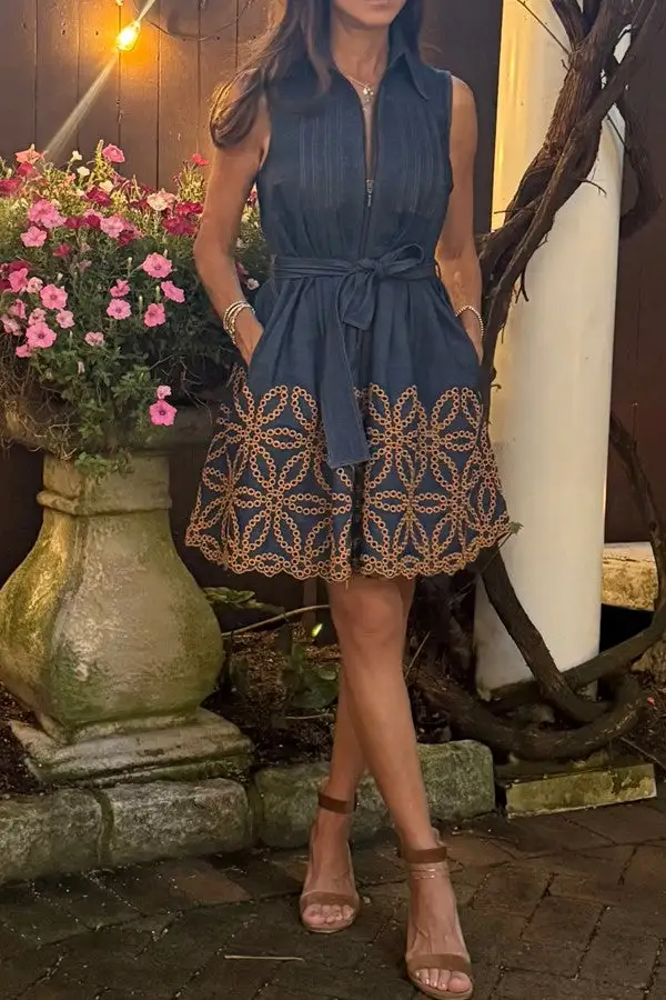 Navy Blue Geometric Print Belted Dress