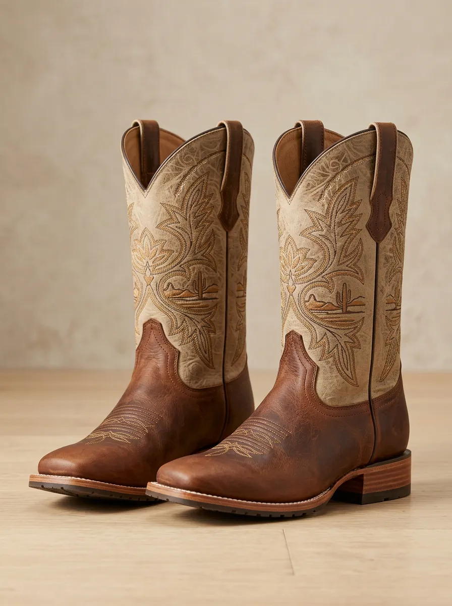 Unisex Western Cowboy Desert Cactus Embroidered Boots