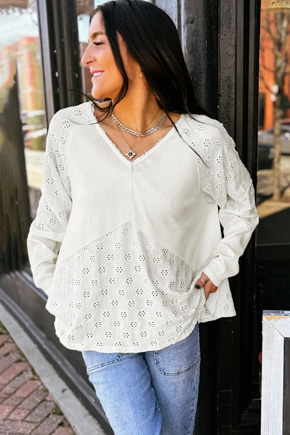 White Twisted Rib Patchwork Embroidered Top