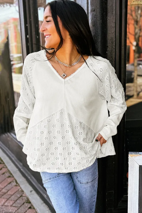 White Twisted Rib Patchwork Embroidered Top