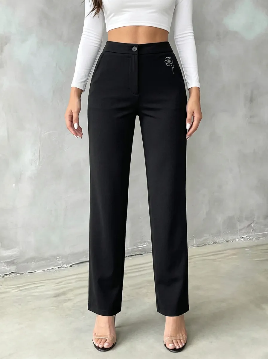 Women's Streamlined All Day Floral Embroidered Mid Rise Straight Leg Pants