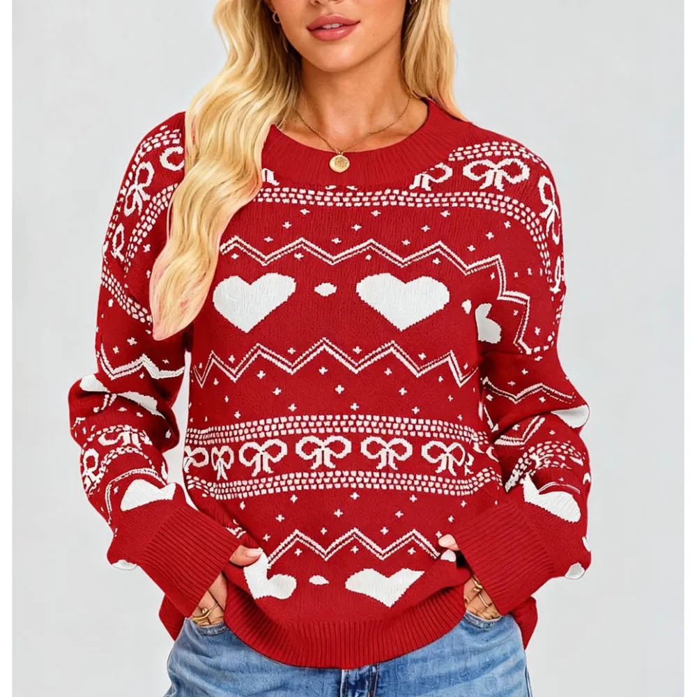 Valentine Heart and Bow Pattern Pullover Sweater