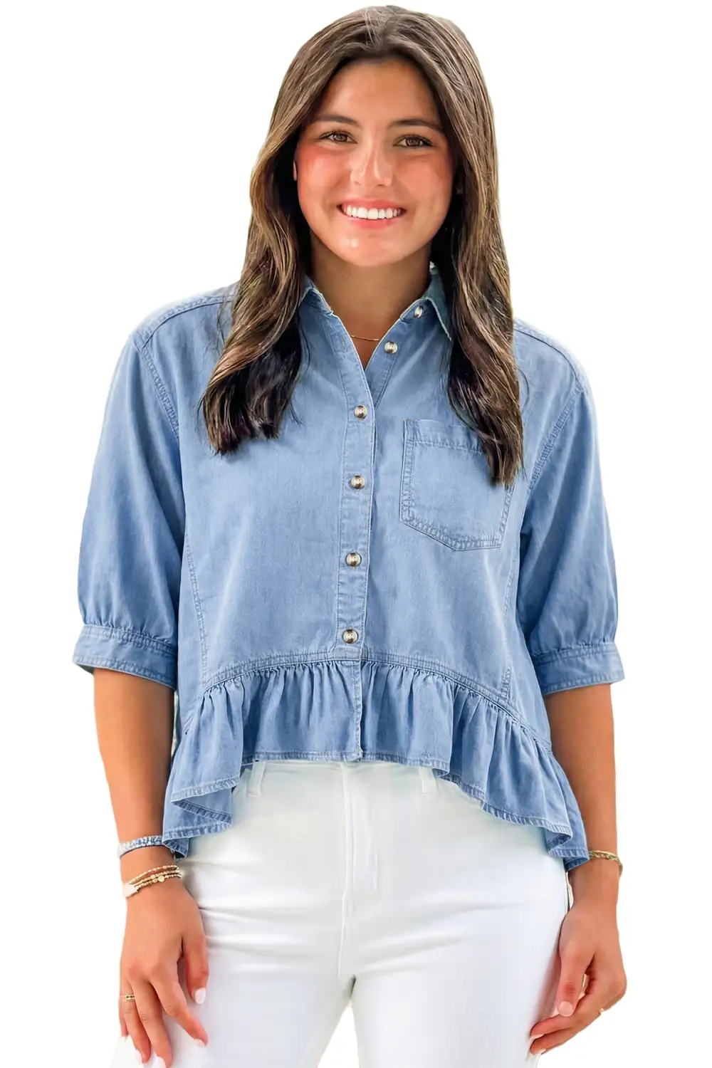 Ruffle Sleeve Half Sleeve Button Front Blouse