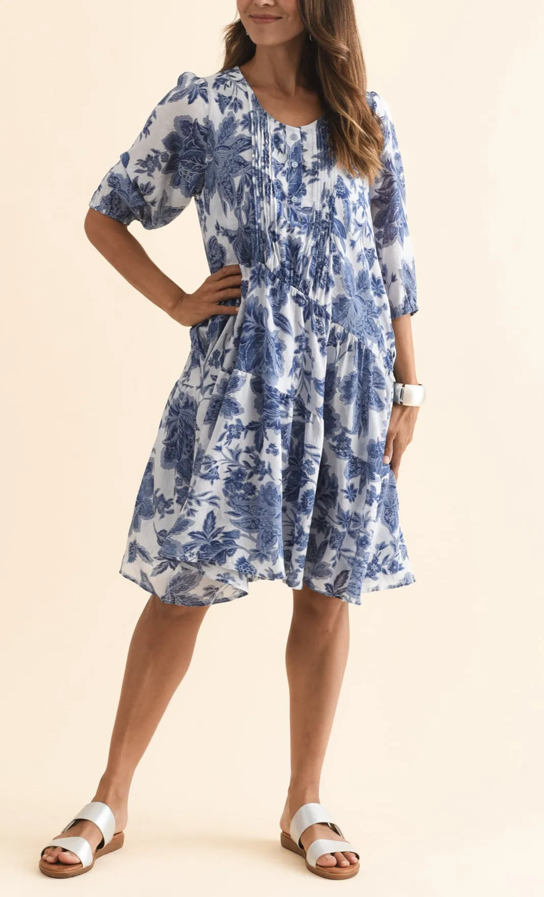 Above-Knee Floral Cotton Tiered Pocket Pleated V-Neck Dress