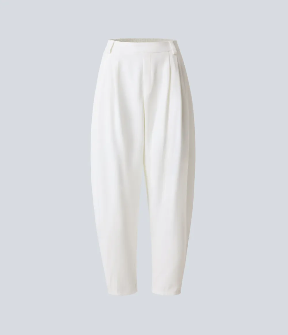 Mid Rise Plicated Side Pocket Barrel Leg Work Pants