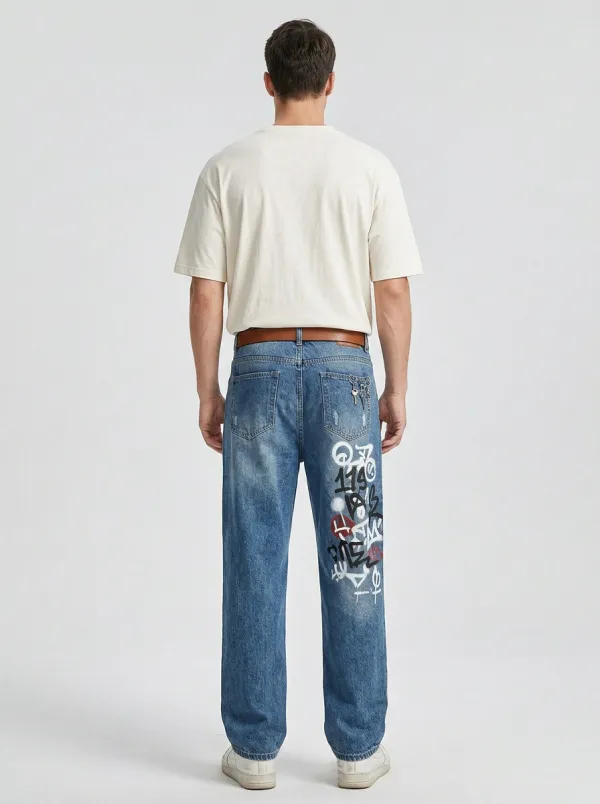 Unisex Streetwear Graffiti Distressed Jeans