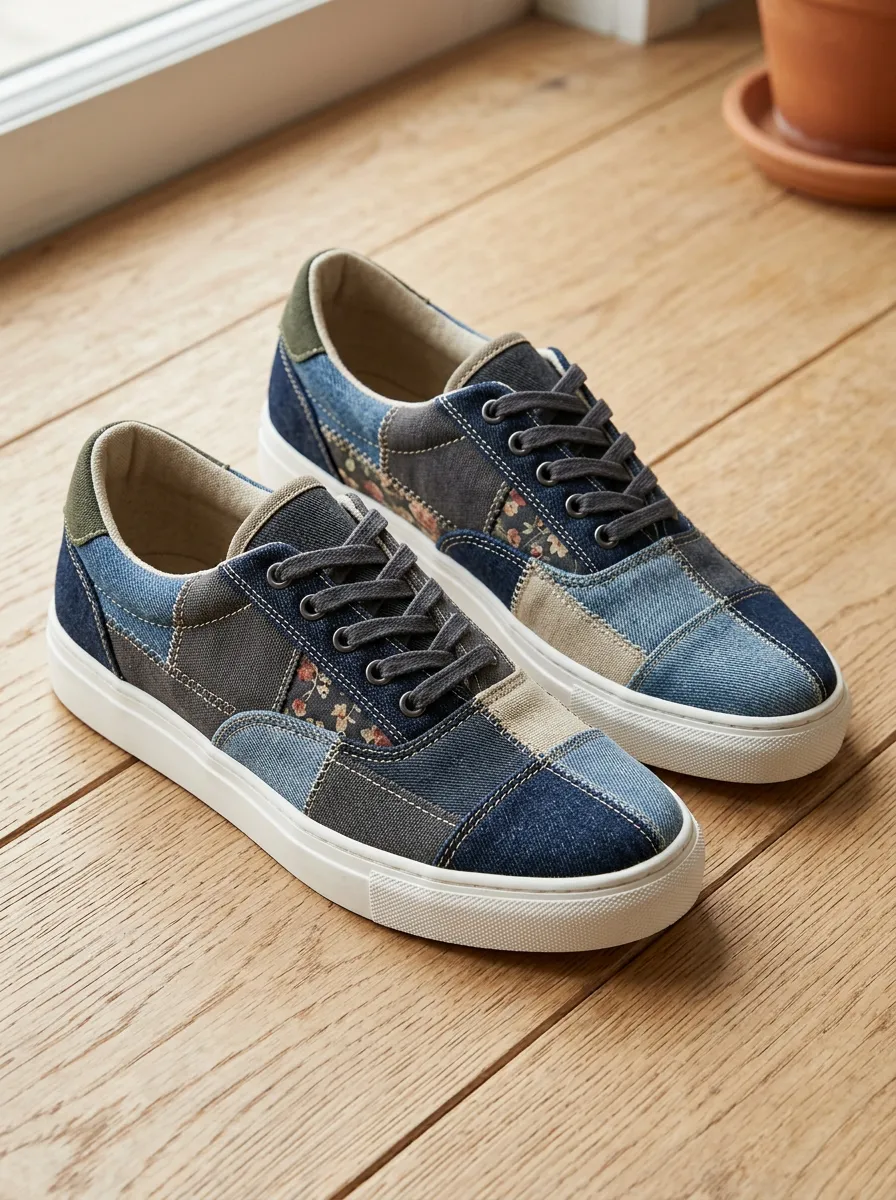 Men's Vintage Floral Patchwork Denim Printed Canvas Shoes