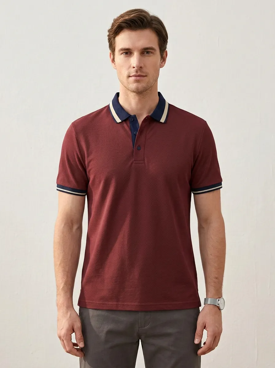 Men's Casual Khaki Navy Contrast Trim Polo Shirt