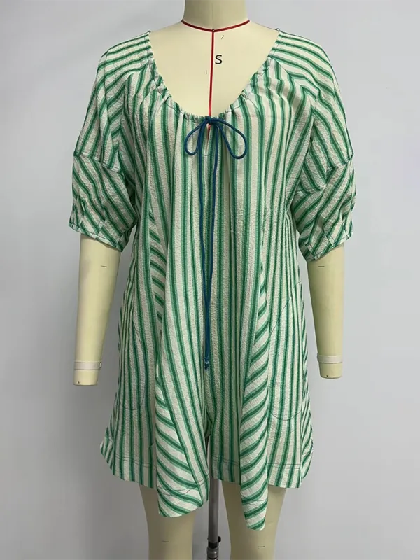 Short Sleeved Striped Jumpsuit Slim Loose Shorts