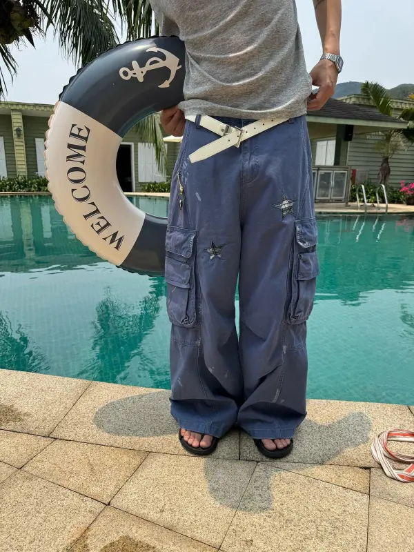 Embroidered Cargo Wide Leg Jeans