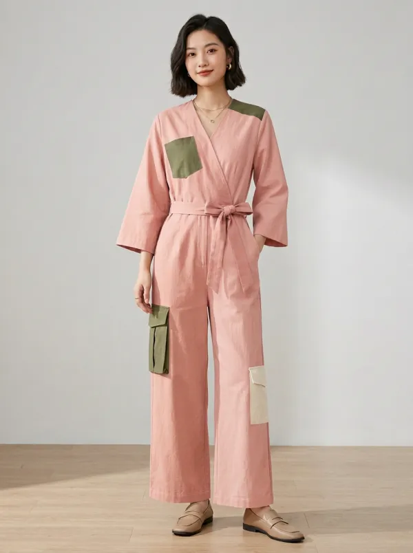 Women's Casual Minimalist Two-Tone Colorblock Cargo Jumpsuit