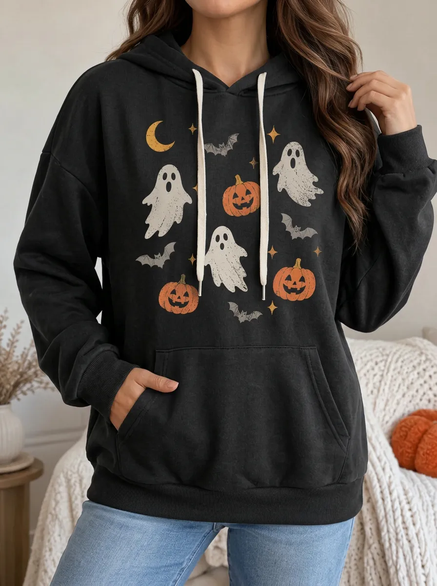 Women's Halloween Ghost Pumpkin Bat Seasonal Pullover Graphic Hoodie