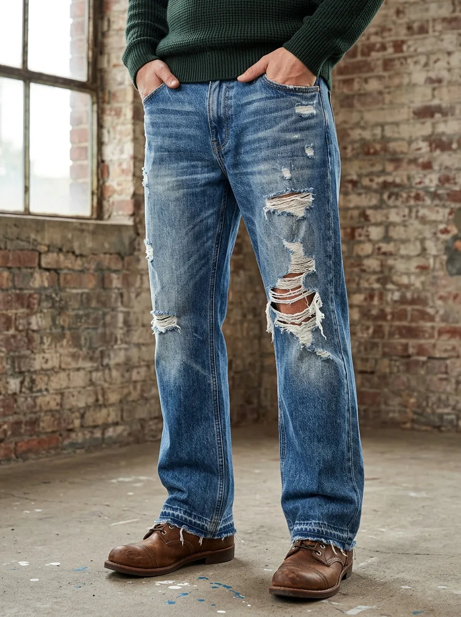Men's Denim Ripped Jeans with Frayed