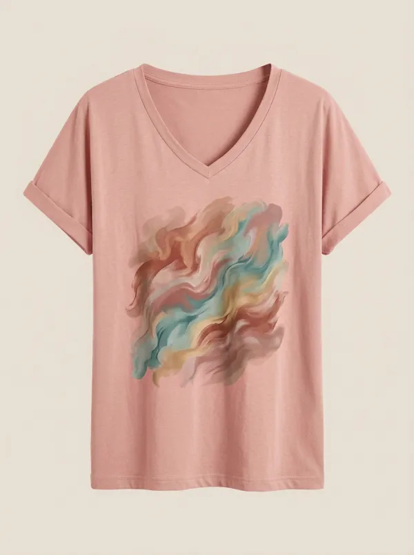 Women's Abstract Art Pastel Swirl Printed V-Neck T-Shirt