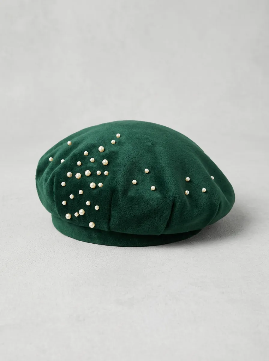 Unisex Green Pearl Embellished Felt Beret