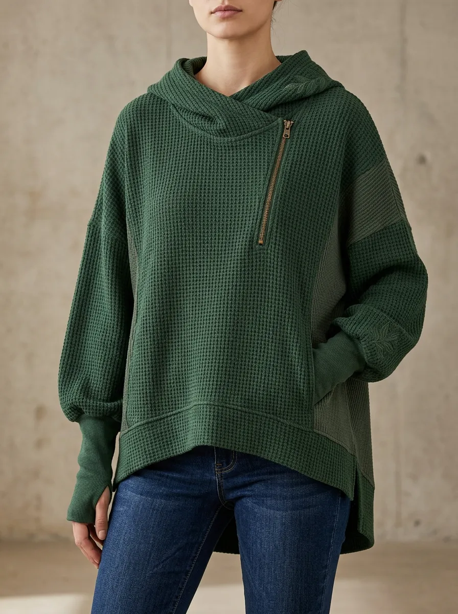 Relaxed Everyday Waffle Knit Asymmetric Zip Hooded Top