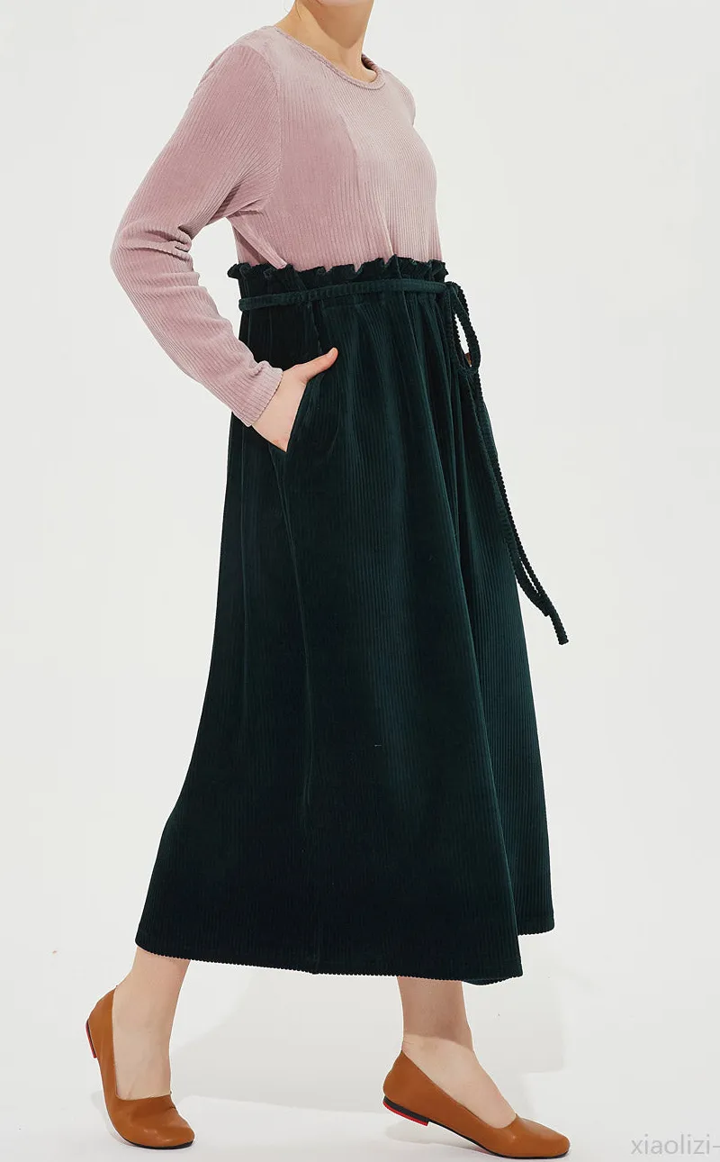 Corduroy Ruffle Long Sleeve Maxi Dress