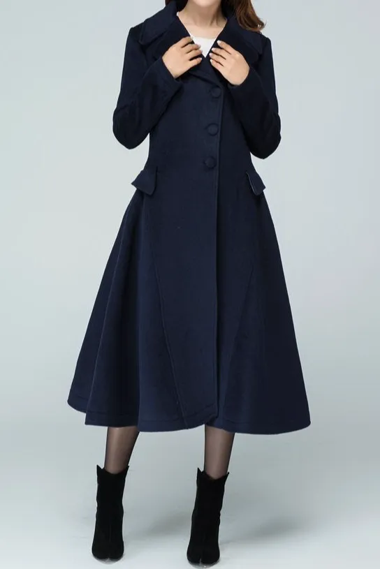 Wool Fit and Flare Pocketed Midi Coat