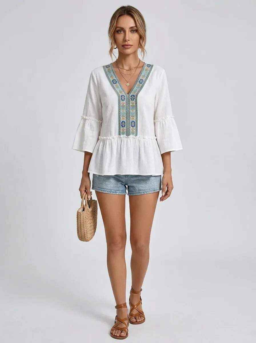 Boho Floral Embroidery Printed Peplum Top