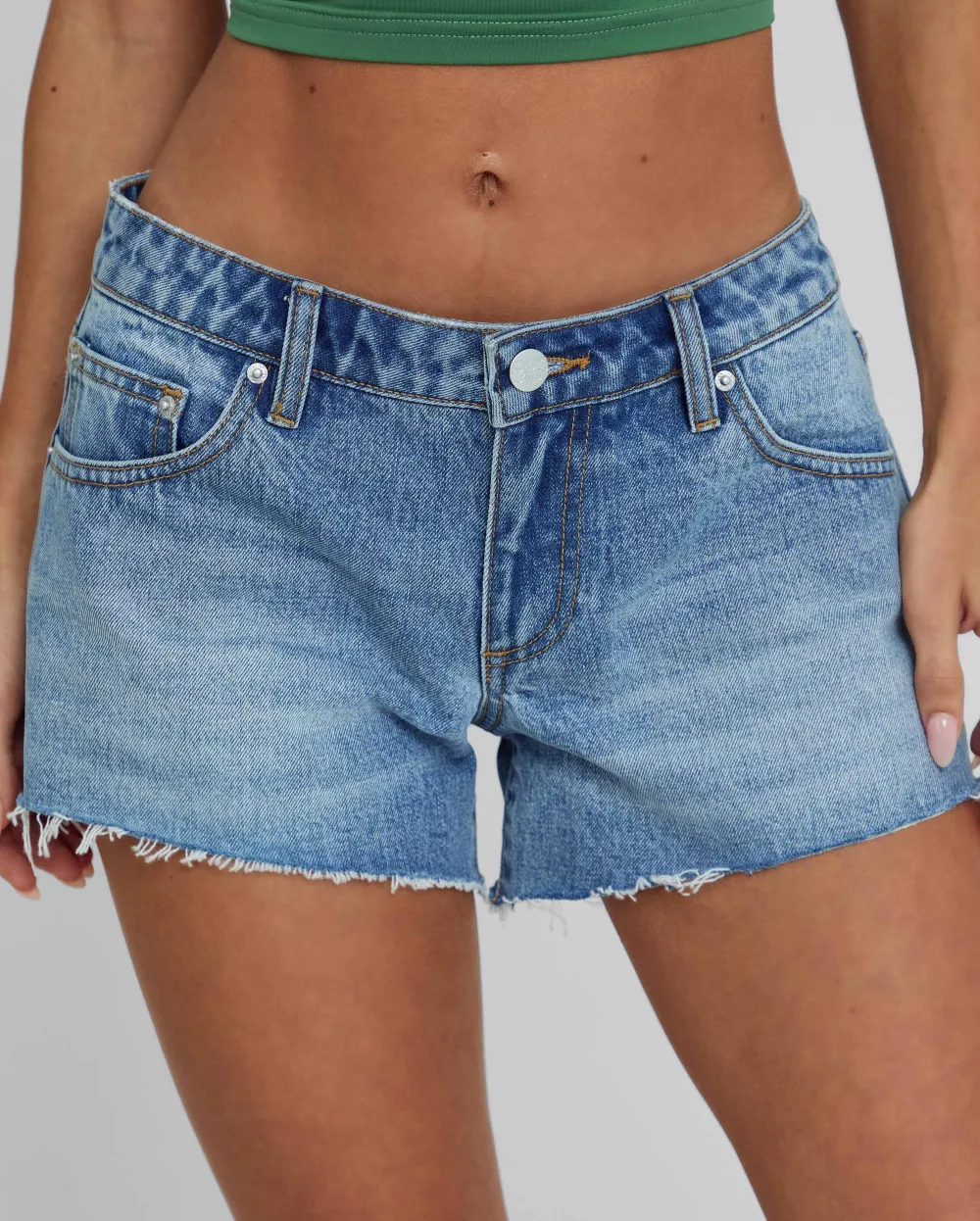 Mid Blue Raw Hem Denim Shorts