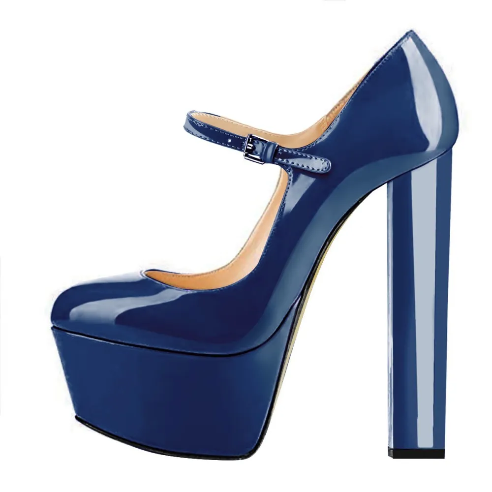 Modern Patent Finish Round Toe Platform Chunky Heel Ankle Strap Pumps