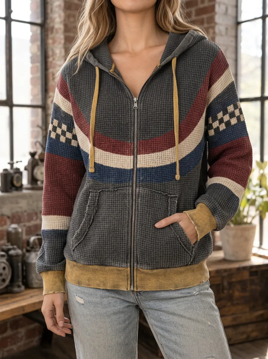 Women's Boho Striped Waffle Knit Colorblock Zip Up Hoodie