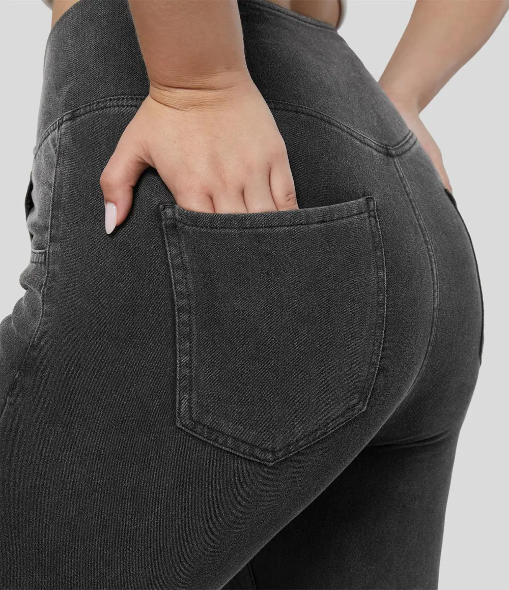 Magic High Waisted Crossover Pocket Cool Touch Breathable Washed Stretchy Knit Plus Size Casual Super Flare Jeans