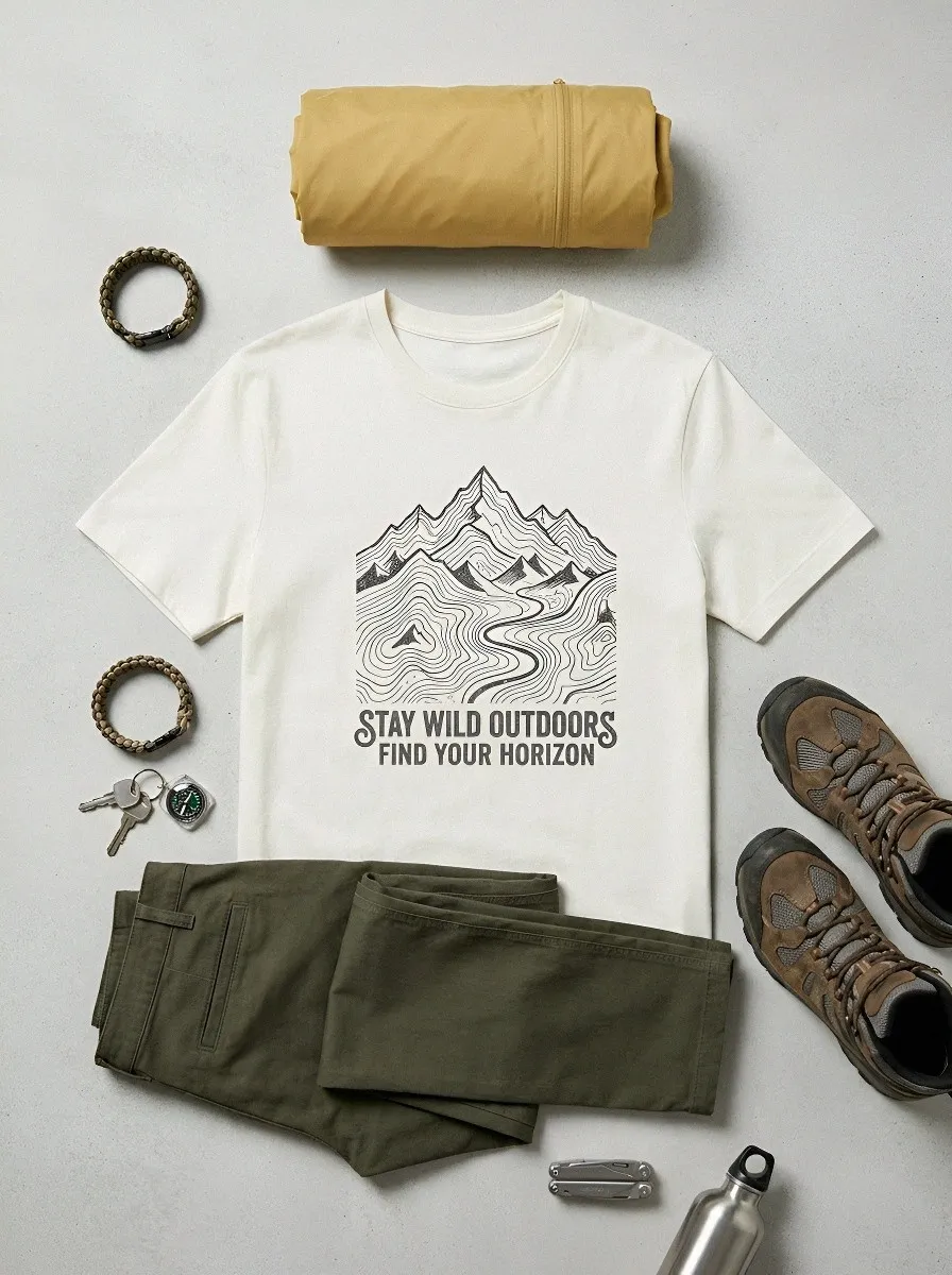 Men's Outdoor Adventure Mountain Topographic Printed T-shirt
