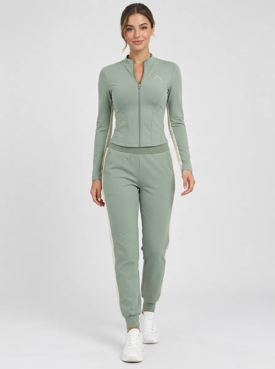 Women's Sage Green Contrast Panel Mountain Zip-Up Tracksuit Set