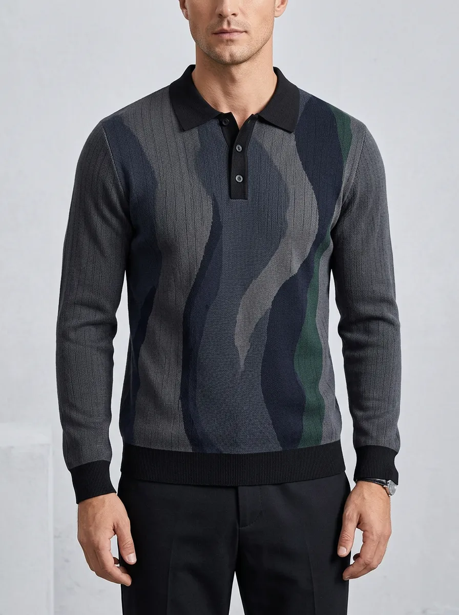 Men's Casual Fashion Abstract Wave Pattern Knitted Long Sleeve Polo Shirt