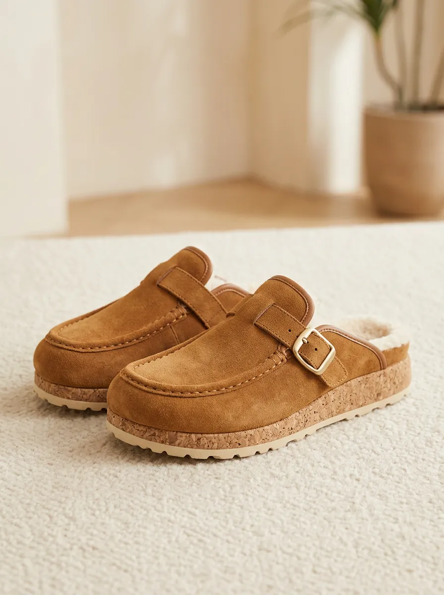 Women's Utility Buckle Detail Casual Suede Wood Sole Loafers
