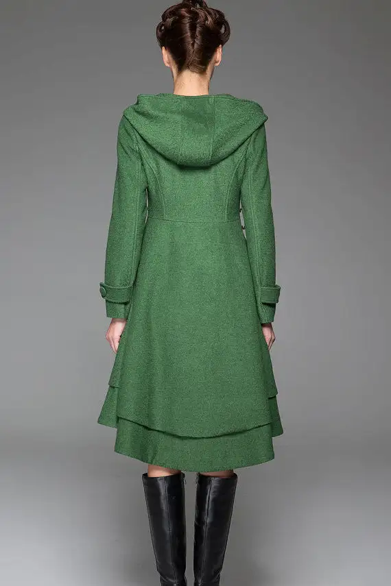 Refined Wool Fit and Flare Hooded Pocketed Button Front Coat
