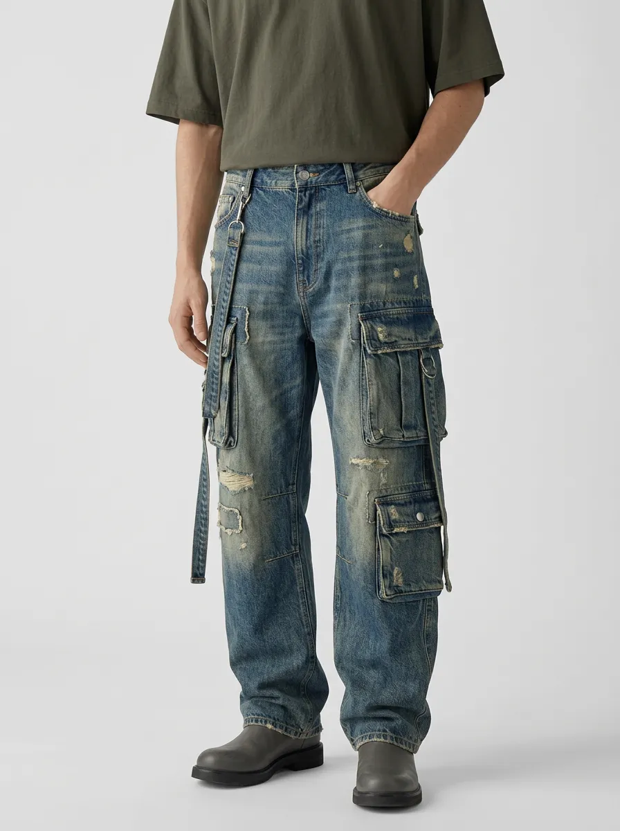 Men's Distressed Blue Cargo Pants