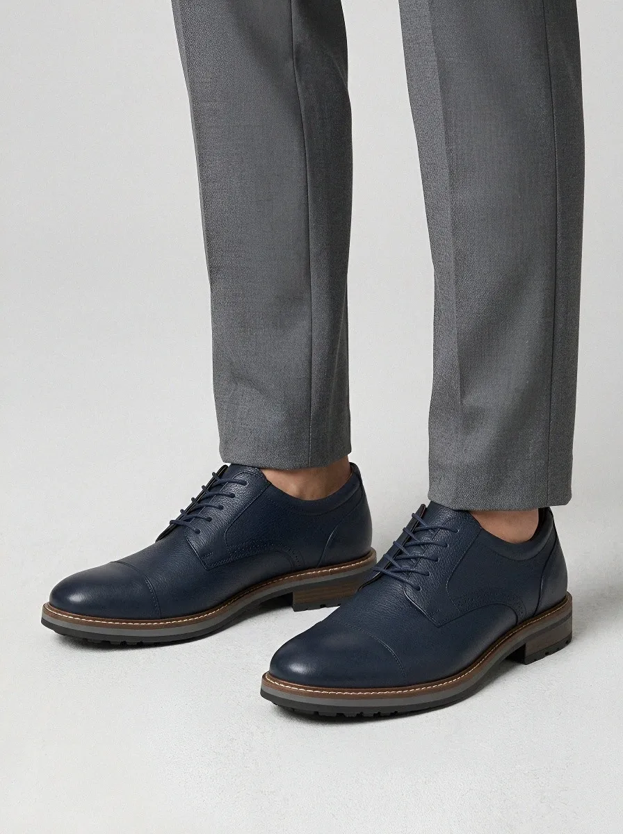 Men's Business Casual Navy Blue Leather Cap Toe Oxford Shoes
